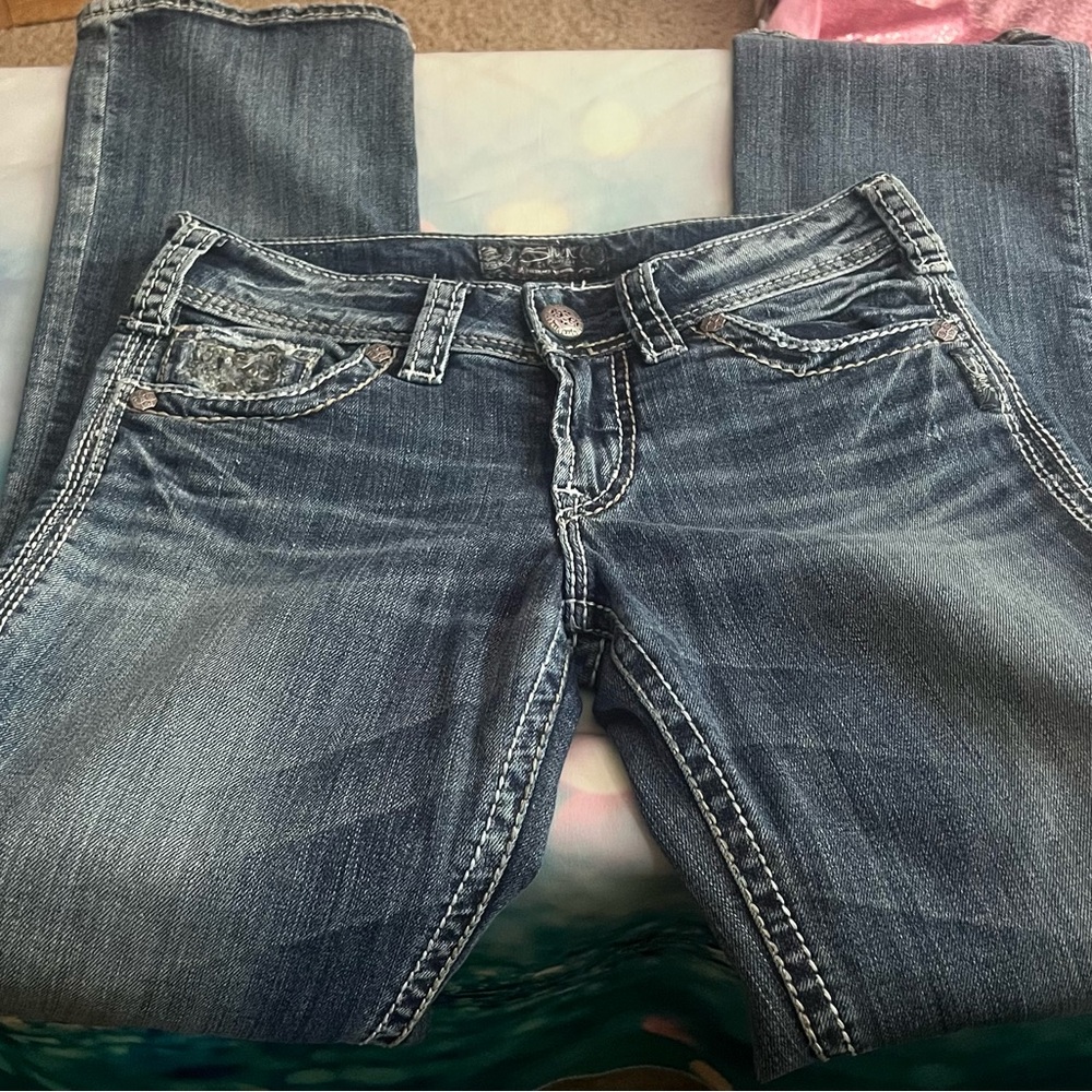 Silver Jeans Women's Boot Cut Denim with Rhinestone Pocket Detail